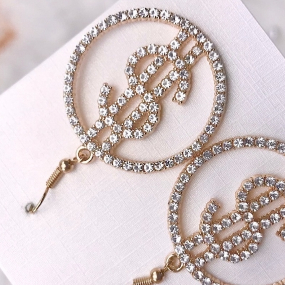 Bling Money Sign Rhinestone Diamond Silver Earrings - Picture 4 of 5